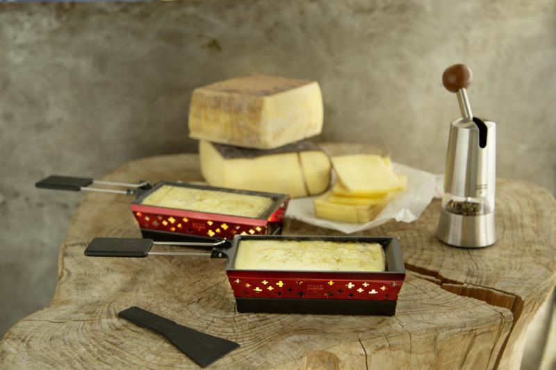 Raclette Set Mini Alpenglühen rot mit Schabern und Teelicht