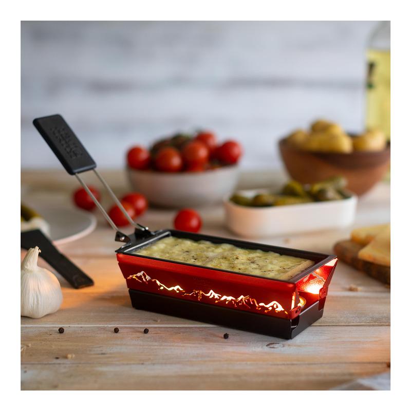 Raclette Set Mini Alpenglühen rot mit Schabern und Teelicht