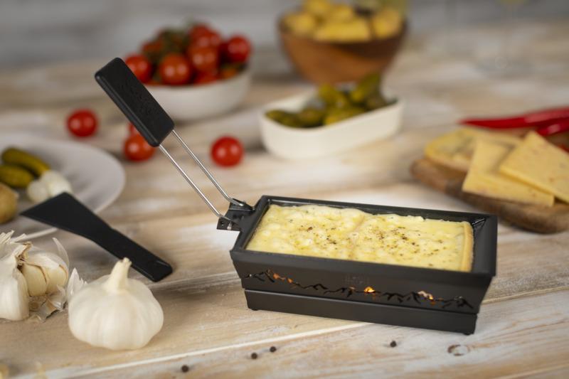 Raclette Set Mini Alpenglühen schwarz mit Schabern und Teelicht