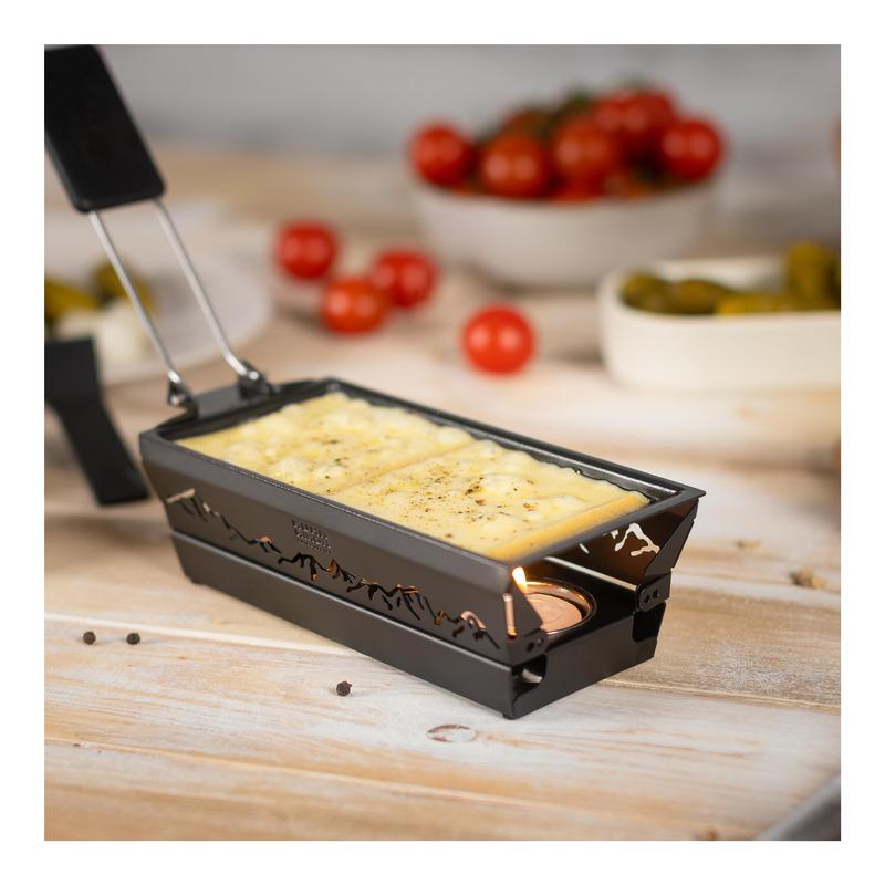 Raclette Set Mini Alpenglühen schwarz mit Schabern und Teelicht