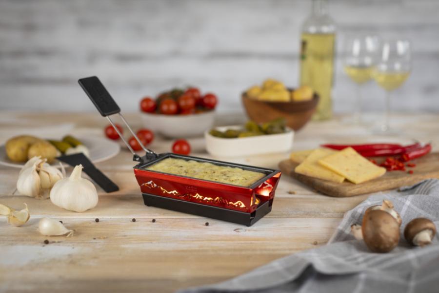 Raclette Set Mini Alpenglühen rot mit Schabern und Teelicht