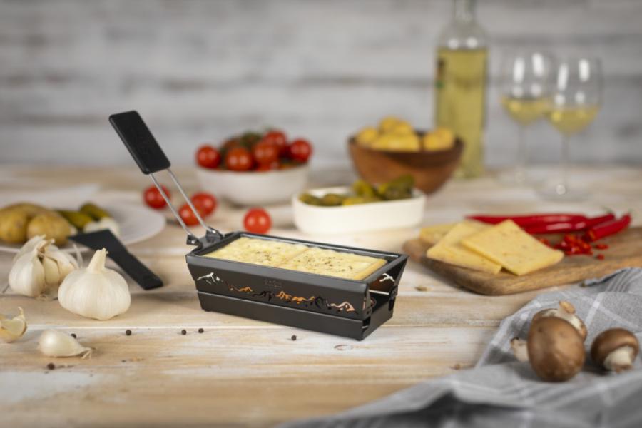 Raclette Set Mini Alpenglühen schwarz mit Schabern und Teelicht