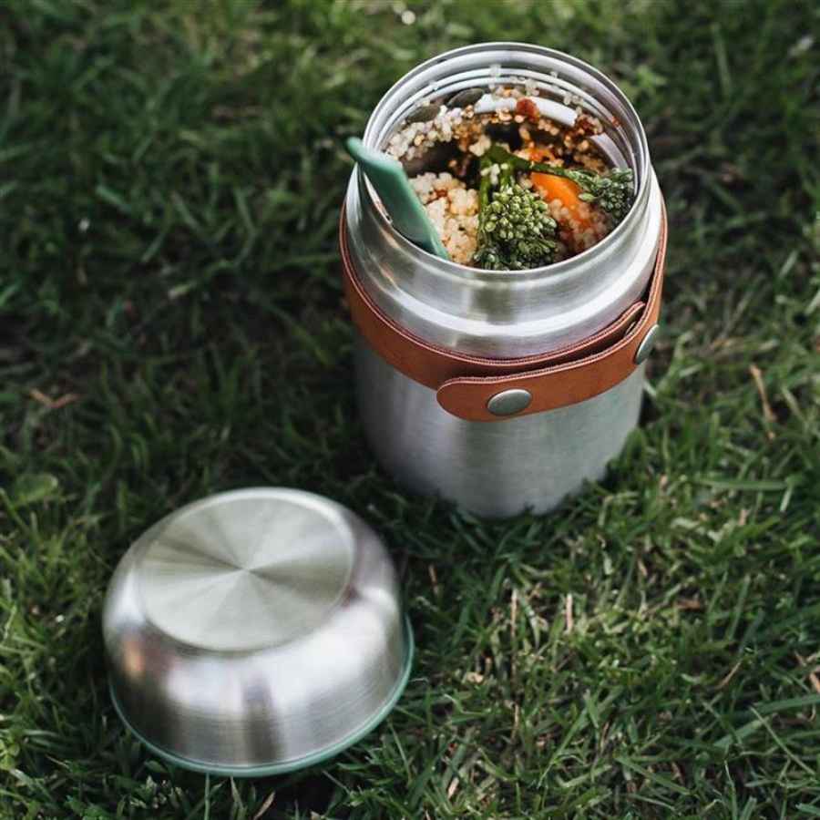 Food Flask - Olive, 400 ml, Edelstahl/Vegan Leder, Maße: 8,5 x 8,5 x 16 cm